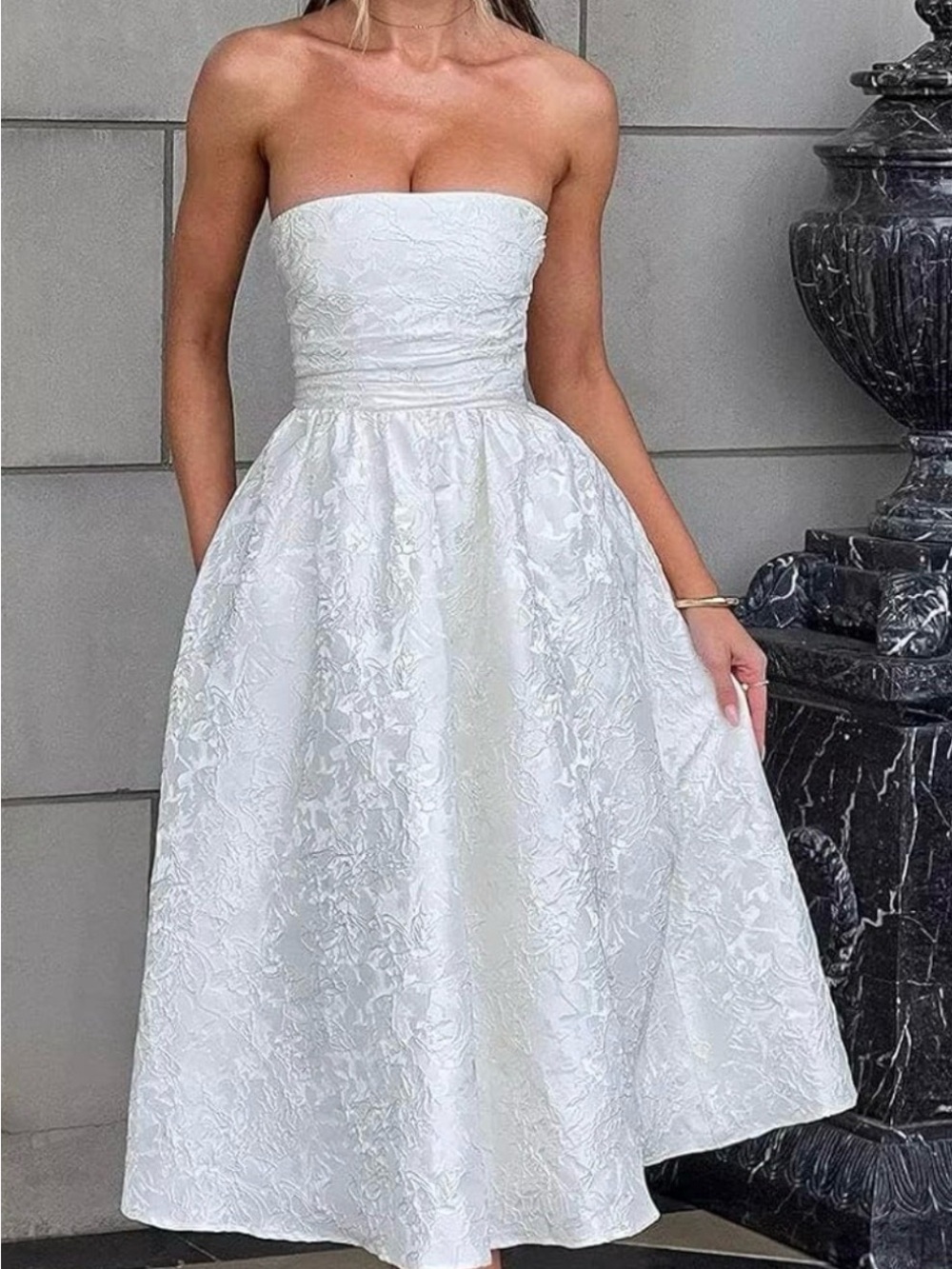Strapless White Midi Dress with Textured Floral Jacquard